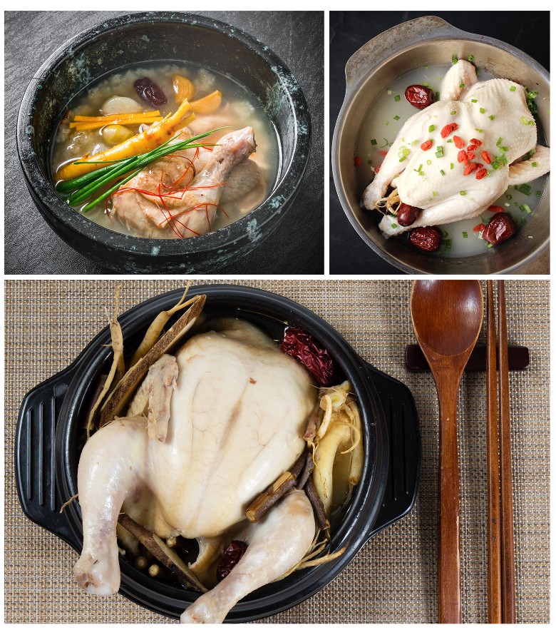 3분할된 삼계탕과 젓가락이 놓여있는 이미지와 다양한 형태의 먹음직스러운 삼계탕 요리가 보인다.