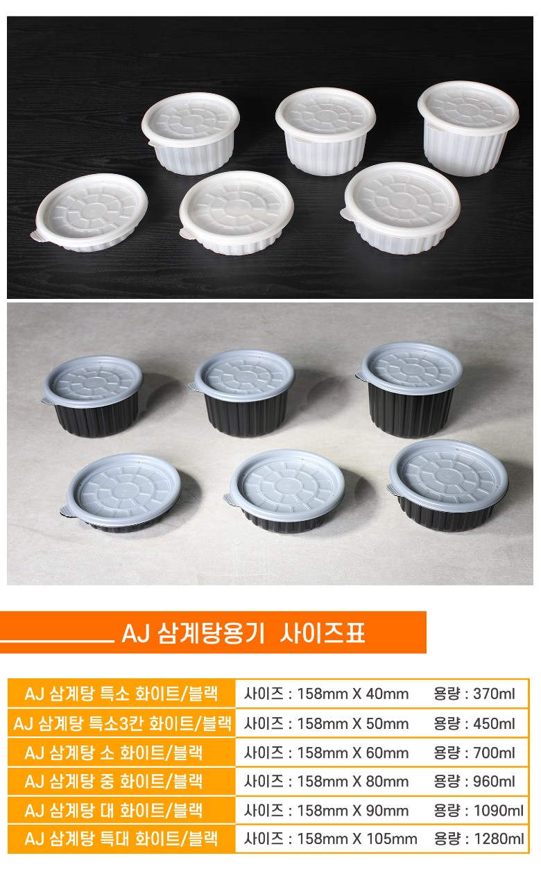 삼계탕용기가 사이즈별로 포장용기가 나란히 놓여있고 상품명 사이즈 용량이 잘 표기된 표가 보인다.