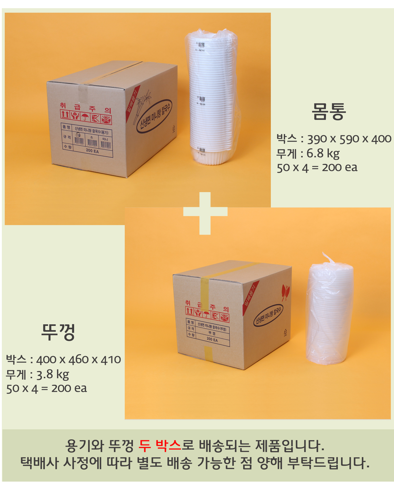 배송되는 박스의 사이즈와 무게가 표기된 이미지가 있고 배송기간 및 방법에 대한 안내 이미지가 보인다.