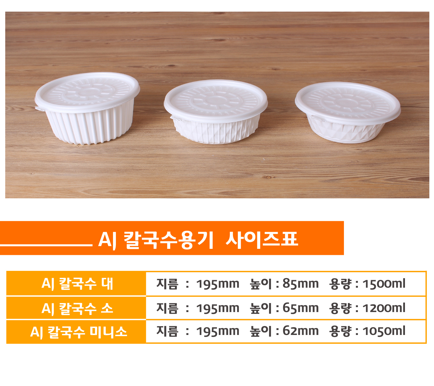 사이즈별로 포장용기가 나란히 놓여있고 상품명 사이즈 용량이 잘 표기된 표가 보인다.