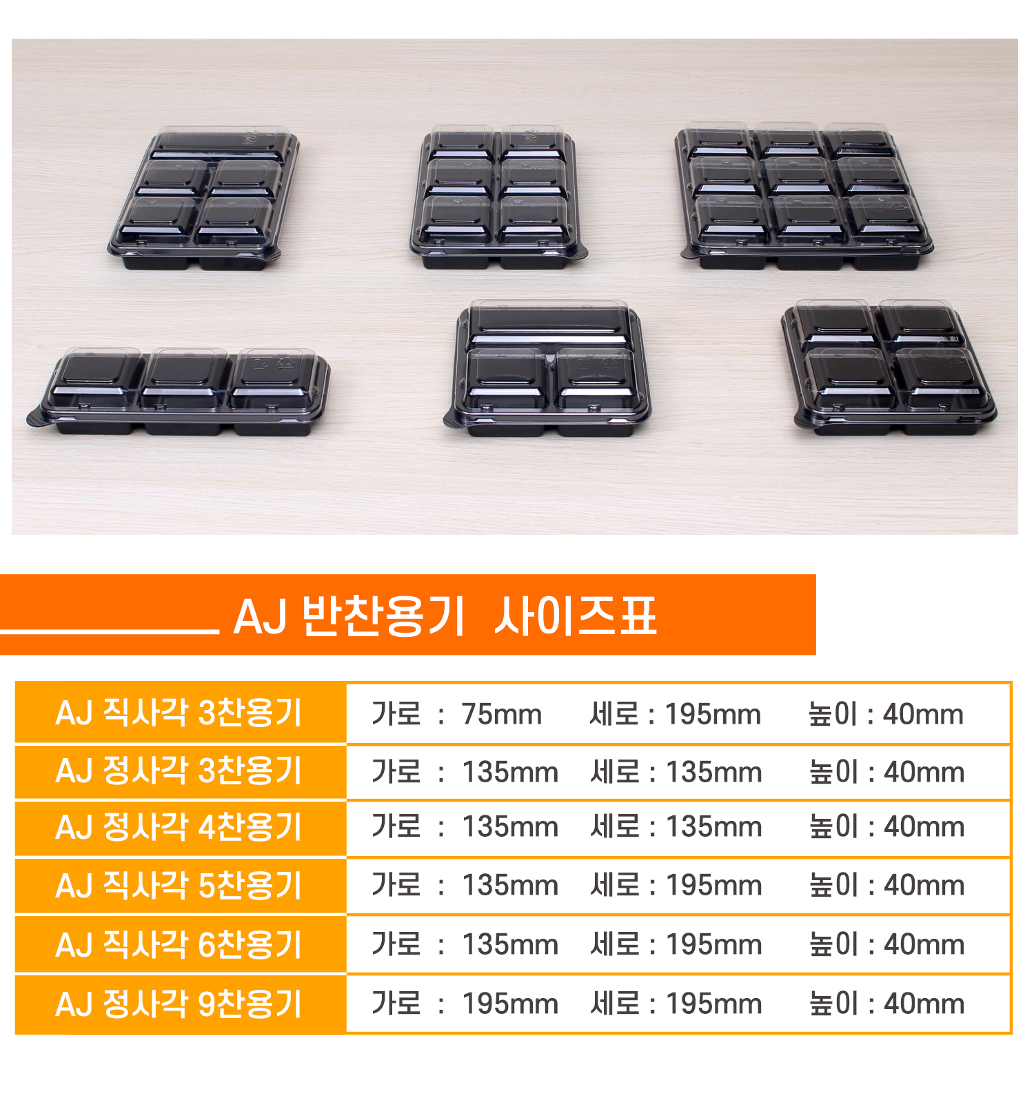 사이즈별로 포장용기가 나란히 놓여있고 상품명 사이즈 용량이 잘 표기된 표가 보인다.