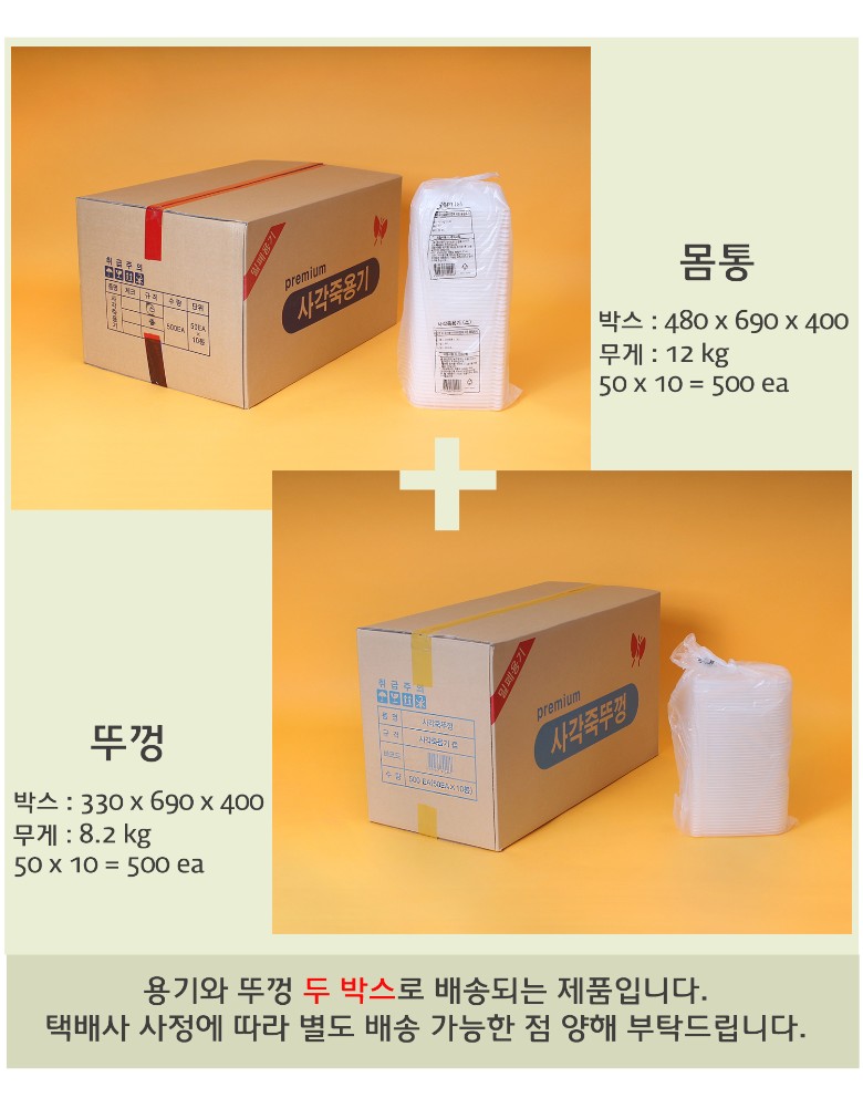박스 포장 및 배송 정보 - 죽용기와 뚜껑이 각각 두 개의 박스로 배송됨을 안내하는 이미지. 박스 크기와 무게 정보가 기재되어 있으며, 제품이 안전하게 포장됨을 보여줌.