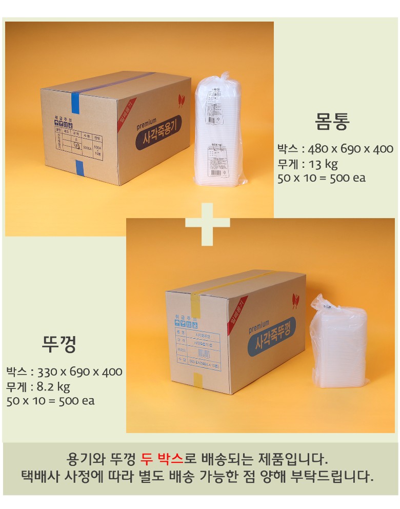 박스 포장 및 배송 정보 - 죽용기와 뚜껑이 각각 두 개의 박스로 배송됨을 안내하는 이미지. 박스 크기와 무게 정보가 기재되어 있으며, 제품이 안전하게 포장됨을 보여줌.