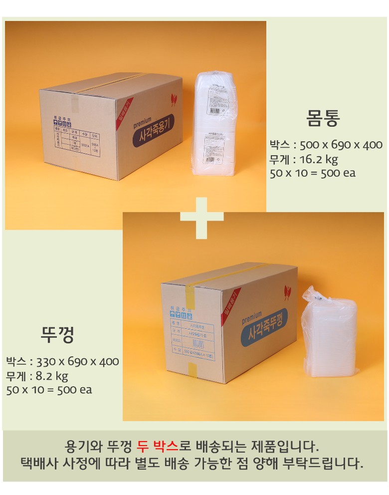 박스 포장 및 배송 정보 - 죽용기와 뚜껑이 각각 두 개의 박스로 배송됨을 안내하는 이미지. 박스 크기와 무게 정보가 기재되어 있으며, 제품이 안전하게 포장됨을 보여줌.