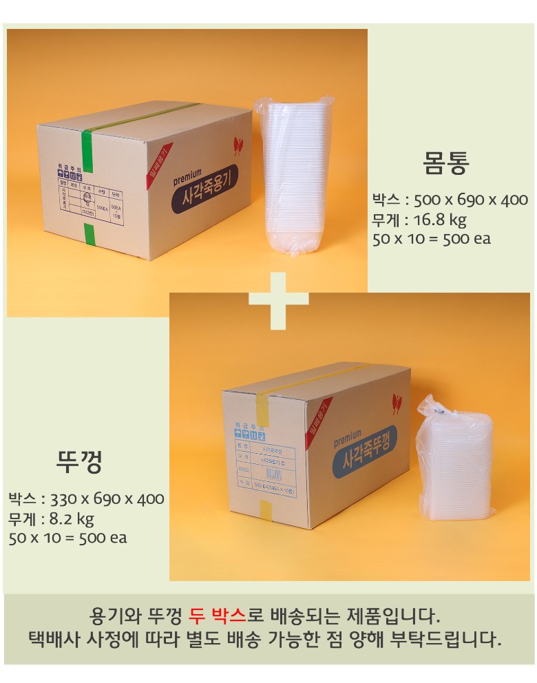 박스 포장 및 배송 정보 - 죽용기와 뚜껑이 각각 두 개의 박스로 배송됨을 안내하는 이미지. 박스 크기와 무게 정보가 기재되어 있으며, 제품이 안전하게 포장됨을 보여줌.