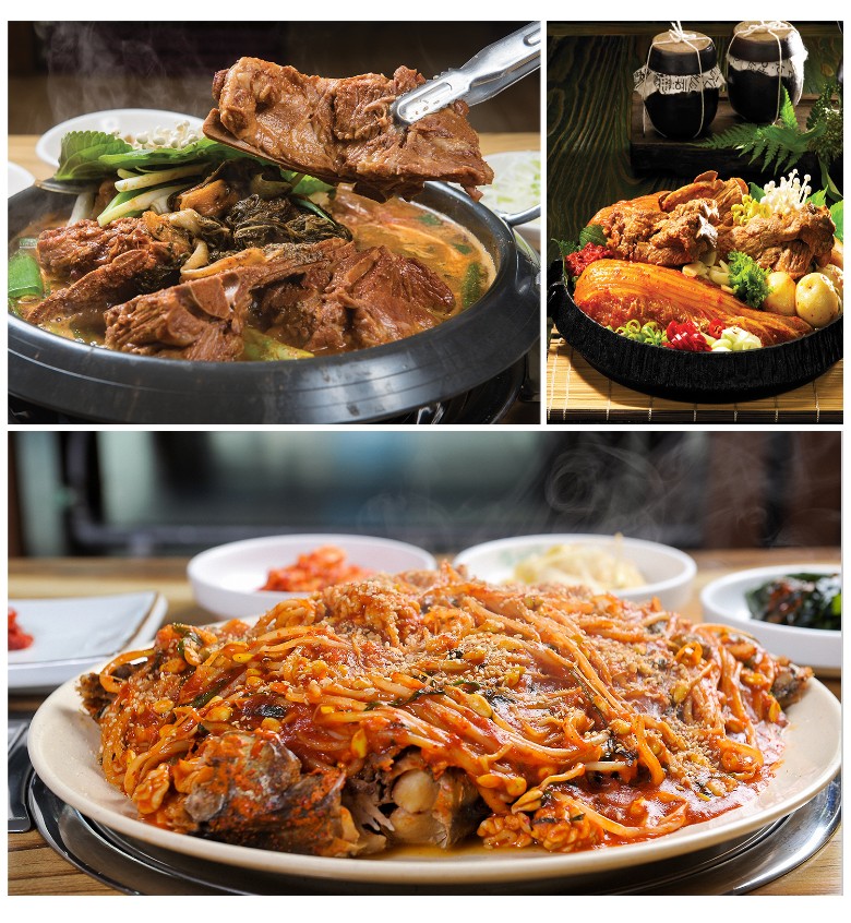 감자탕과 다른 음식들이 감자탕 용기에 담겨 있는 모습입니다. 뜨거운 상태로 제공하기 좋은 용기로, 감자탕용기와 엽떡용기, 배달포장 및 음식배달용기로 사용됩니다.