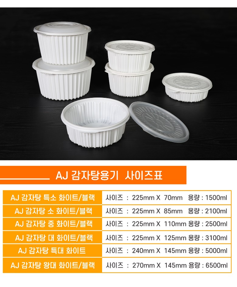 감자탕 포장 용기 여러 개가 쌓여 있는 모습. 사이즈별로 포장용기가 나란히 놓여있고 상품명 사이즈 용량이 잘 표기된 표가 보인다.