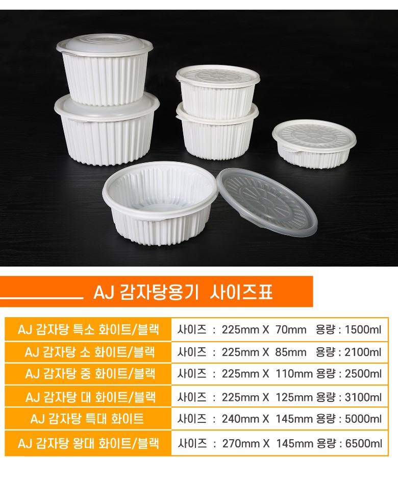 감자탕 포장 용기와 뚜껑이 각각 별도의 박스에 포장되어 있는 모습입니다. 포장용기와 배달용기, 일회용품 및 업소용배달용기로 적합하며, 1회용포장에 유용합니다.