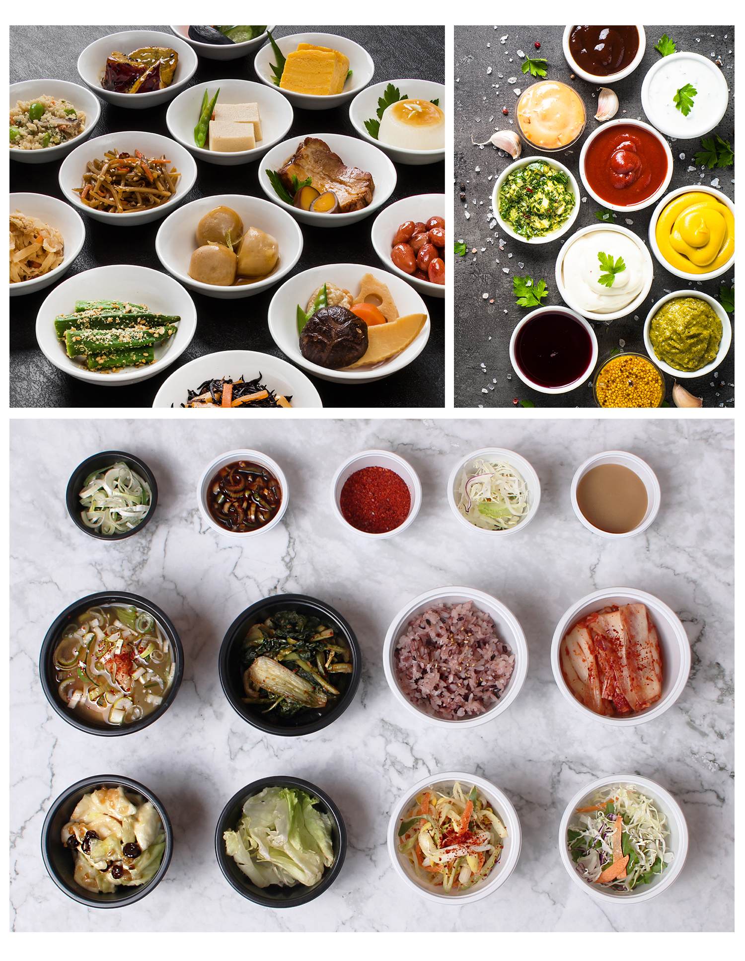 소스용기, 일회용반찬용기, 포장용기 다양한 음식이 작은 그릇에 담겨 배열되어 있으며, 김치, 밥, 나물 반찬, 양념 소스 등 다양한 활용 가능성을 보여줌