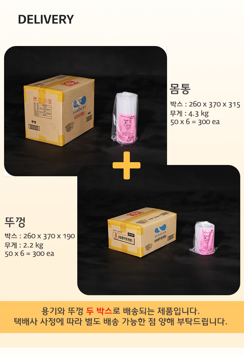 투명 용기와 뚜껑이 각각 박스 포장된 상태로, 300개 단위 배송 구성 예시를 보여주는 장면
