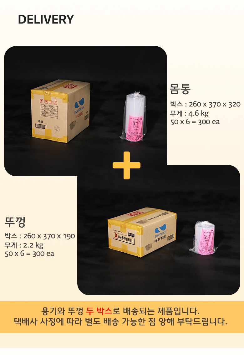 투명 용기와 뚜껑이 각각 박스 포장된 상태로, 300개 단위 배송 구성 예시를 보여주는 장면