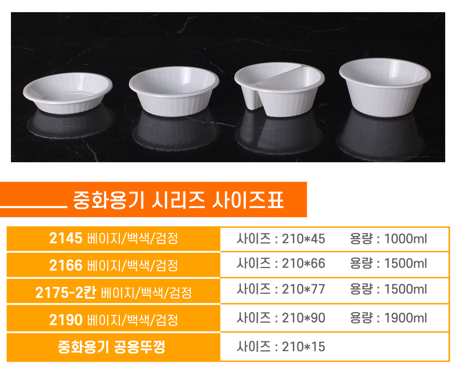 사출중화용기의 종류별 사이즈, 용량을 표시한 사이즈표