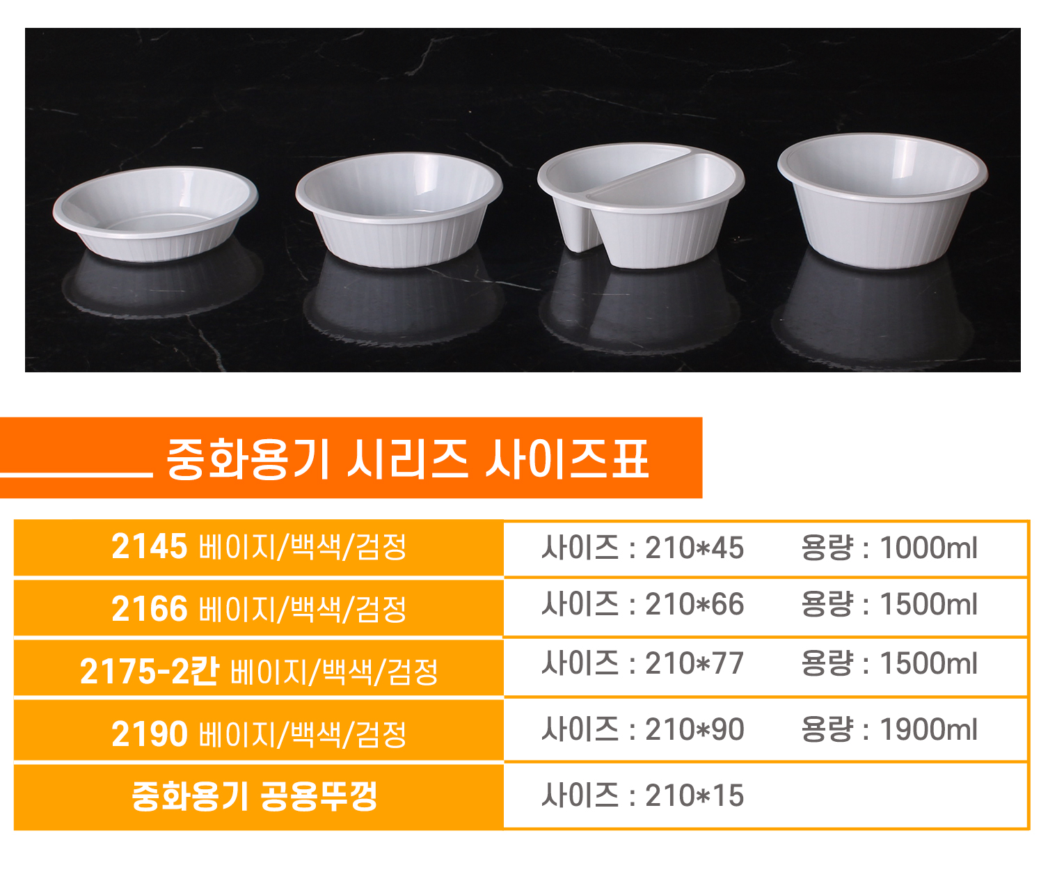 사출중화용기의 종류별 사이즈, 용량을 표시한 사이즈표