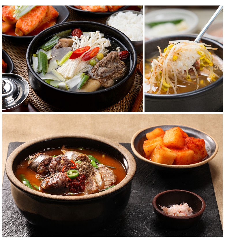 뜨거운 국물 요리를 담기에 적합한 배달용기에 갈비탕, 콩나물국밥 등 다양한 탕 요리를 담은 예시