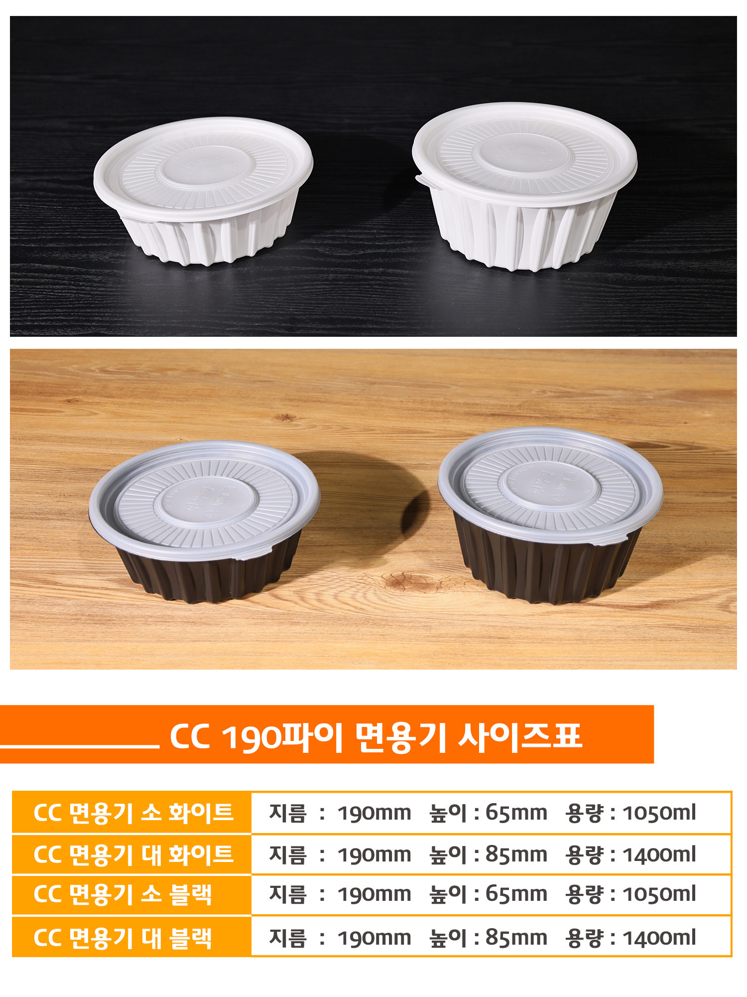 소형 사이즈의 포장용기 2종이 나란히 놓인 화면과 함께 CC 면용기 시리즈의 사이즈 비교표