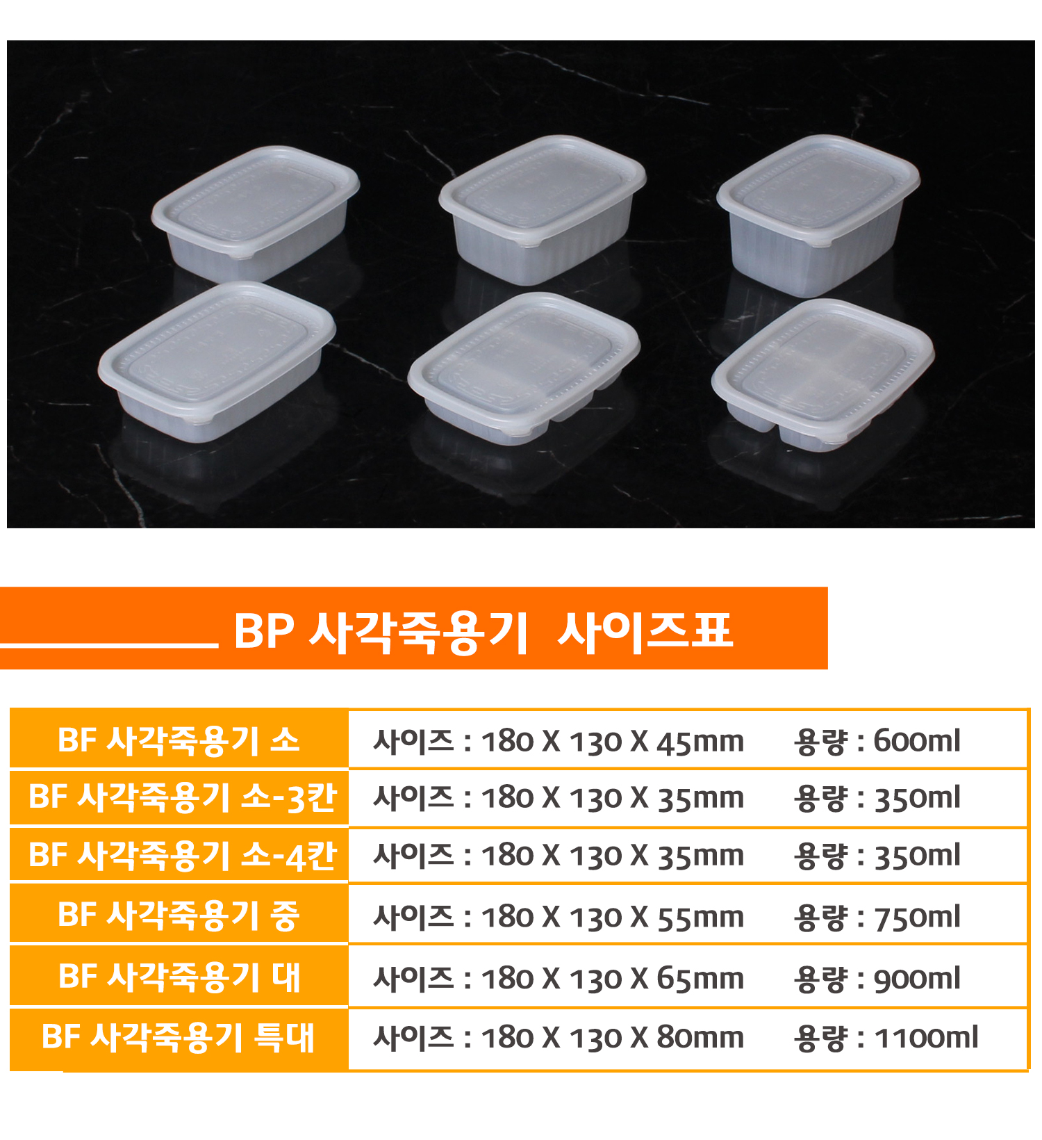 일회용죽용기를 사이즈별로 나란히 놓아둔 이미지와 상품명, 사이즈, 용량 표기된 표