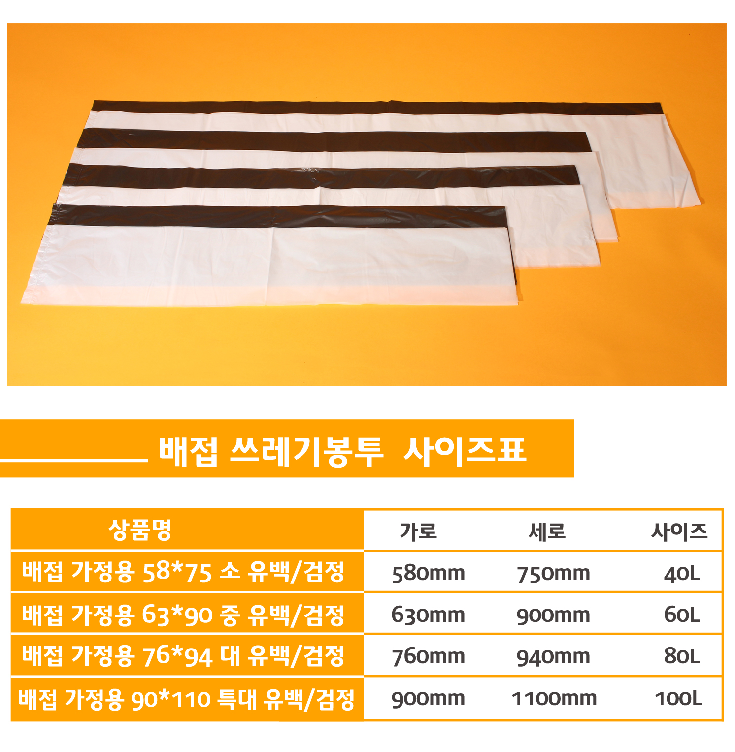 봉투 표기의 가로 세로 폭의 위치를 알려주는 이미지와 쓰레기봉투 칼라와 종류의 사이즈가 표로 잘 나타나있다.