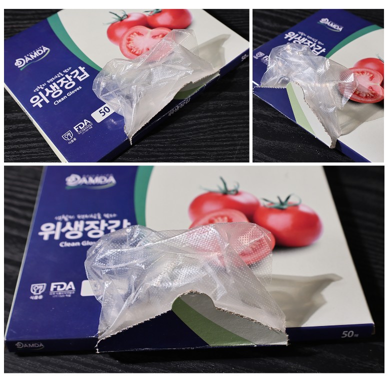 입구에서 비닐장갑이 자연스럽게 노출된 근접 장면으로, 얇고 투명한 위생장갑의 질감이 부각됨