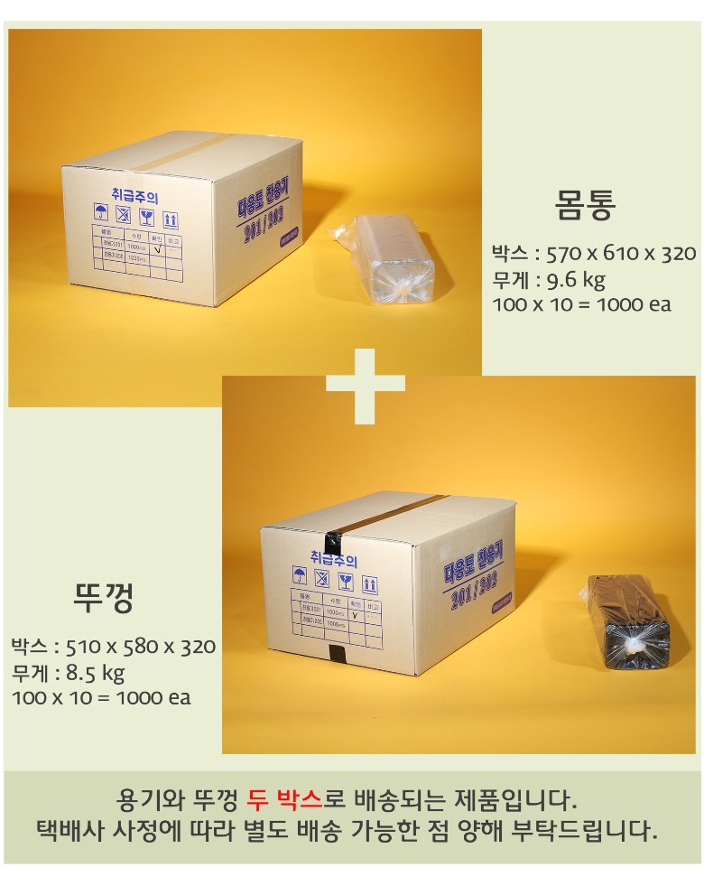 샐러드용기의 배송되는 박스의 사이즈와 무게가 표기된 이미지가 있고 배송기간 및 방법에 대한 안내 이미지가 보인다.