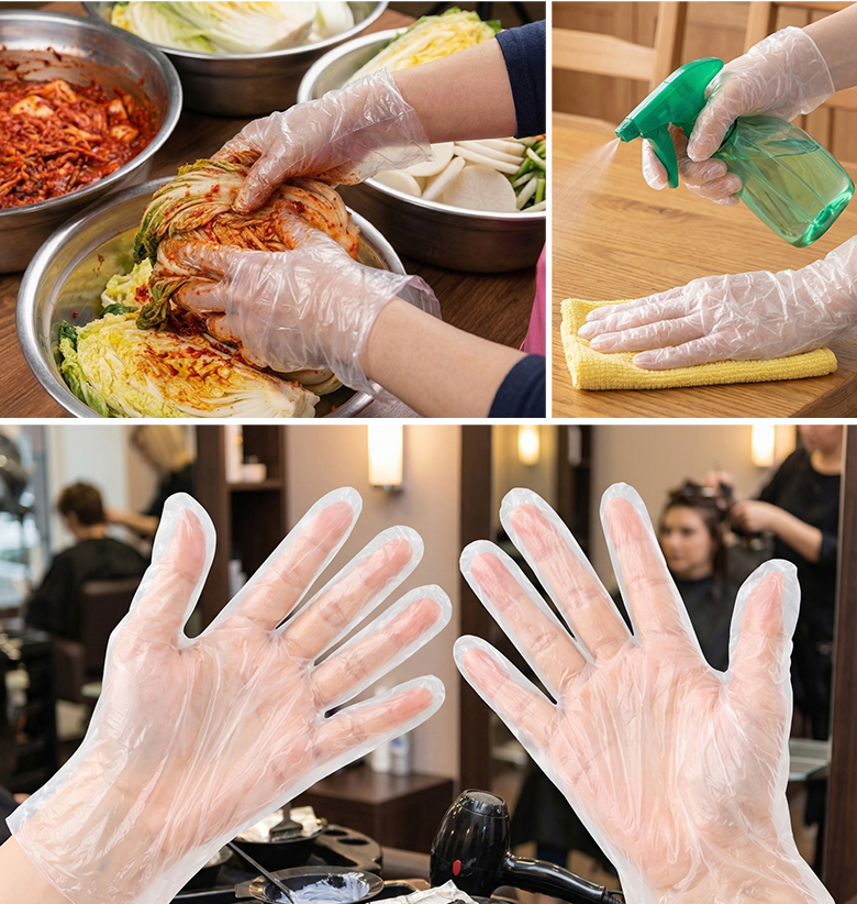 상자 입구에서 일회용 위생 장갑 한 장을 손가락으로 가볍게 뽑아 올리는 모습과 미세한 엠보싱 패턴이 드러난 투명 비닐장갑의 표면 상세