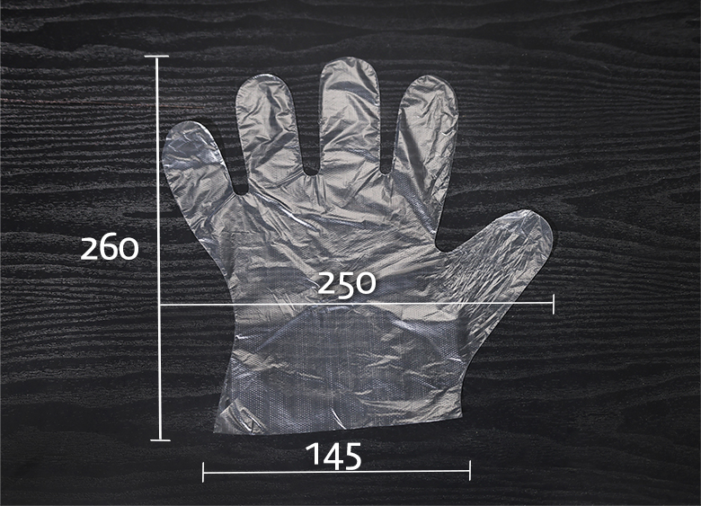 투명한 엠보싱 위생장갑 위에 가로 이백오십 밀리미터 세로 이백육십 밀리미터의 실측 규격이 표시된 제품 상세 안내 이미지