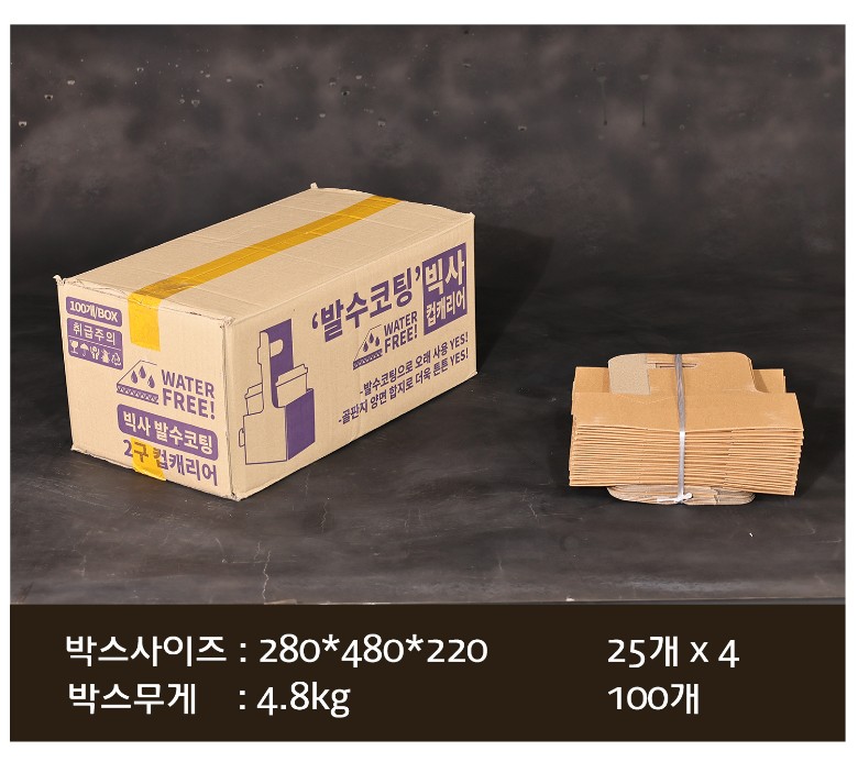 컵캐리어의 배송되는 박스의 사이즈와 무게가 표기된 이미지가 있고 배송기간 및 방법에 대한 안내 이미지가 보인다.