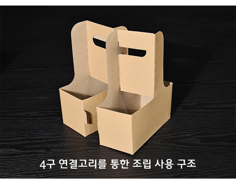 2구 컵캐리어 조립된 모습과 분리된 상태의 컵 및 캐리어, 종이 테이크아웃 음료수캐리어