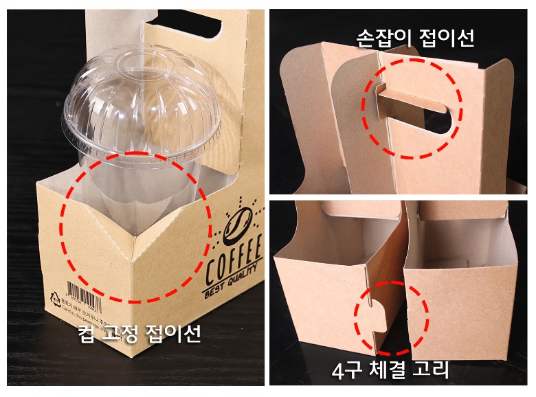 컵 고정 접이선, 손잡이 접이선, 4구 체결 고리를 강조한 2구 커피캐리어 상세 이미지