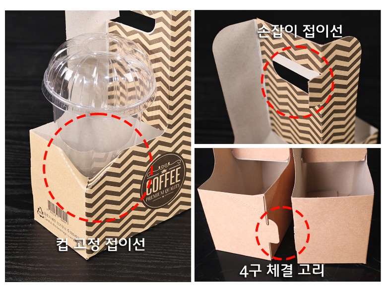컵 고정 접이선, 손잡이 접이선, 4구 체결 고리를 강조한 2구 커피캐리어 상세 이미지
