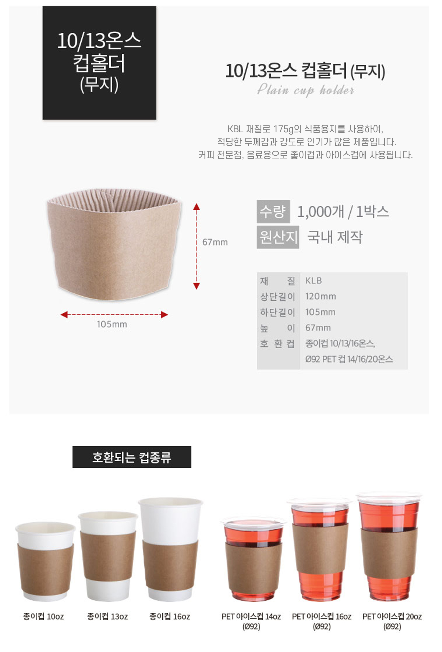 종이컵 홀더의 재질과 사이즈 호환컵의 종류가 표와함께 잘나타나있다. 