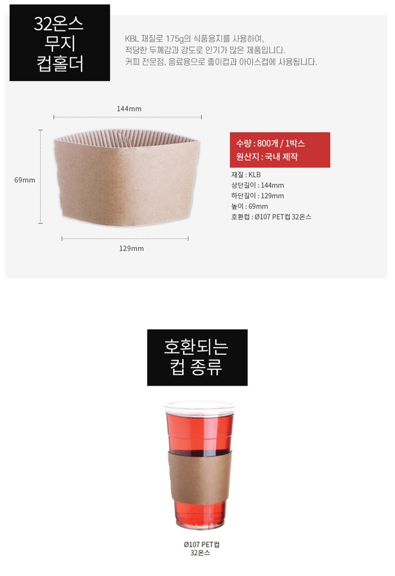 종이컵 홀더의 재질과 사이즈 호환컵의 종류가 표와함께 잘나타나있다. 