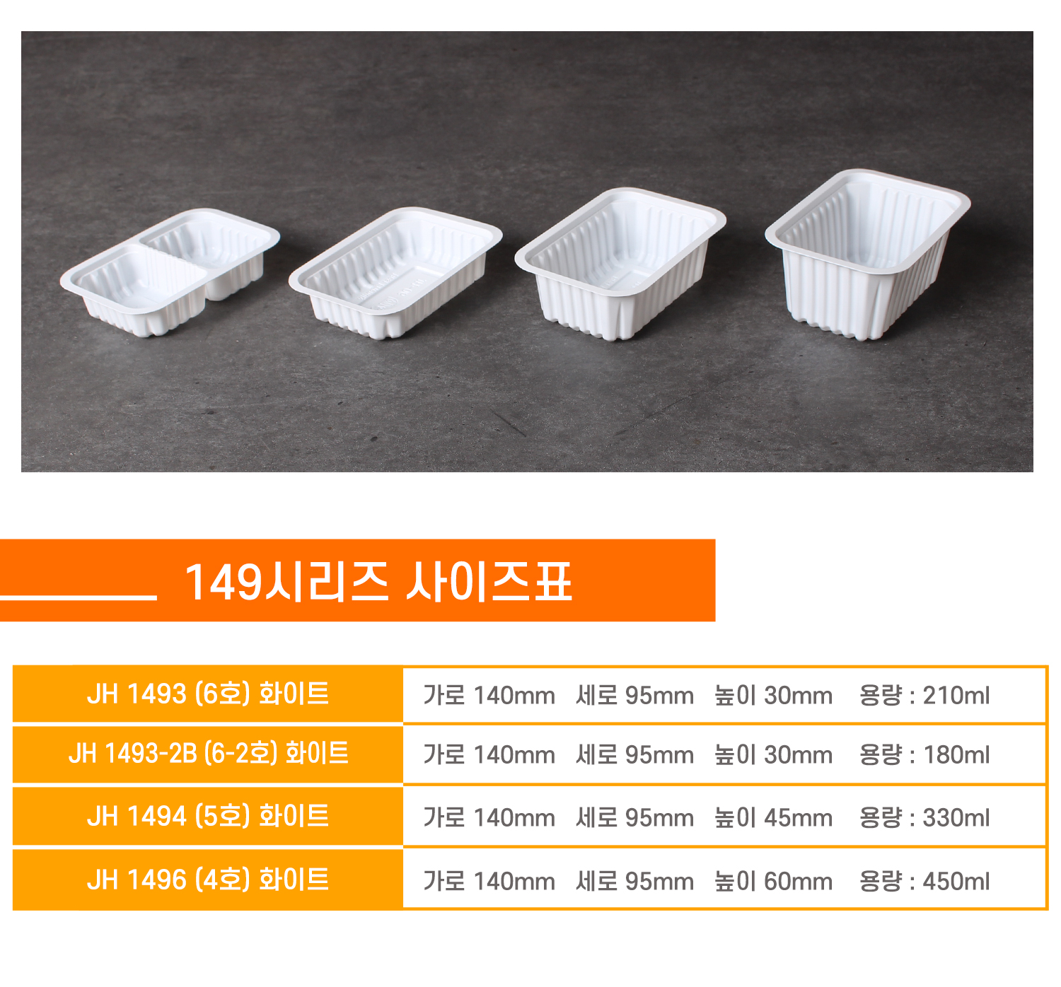 149실링용기가 사이즈별로 나란히 놓여있는 이미지와 상품명, 사이즈, 용량 표기된 표