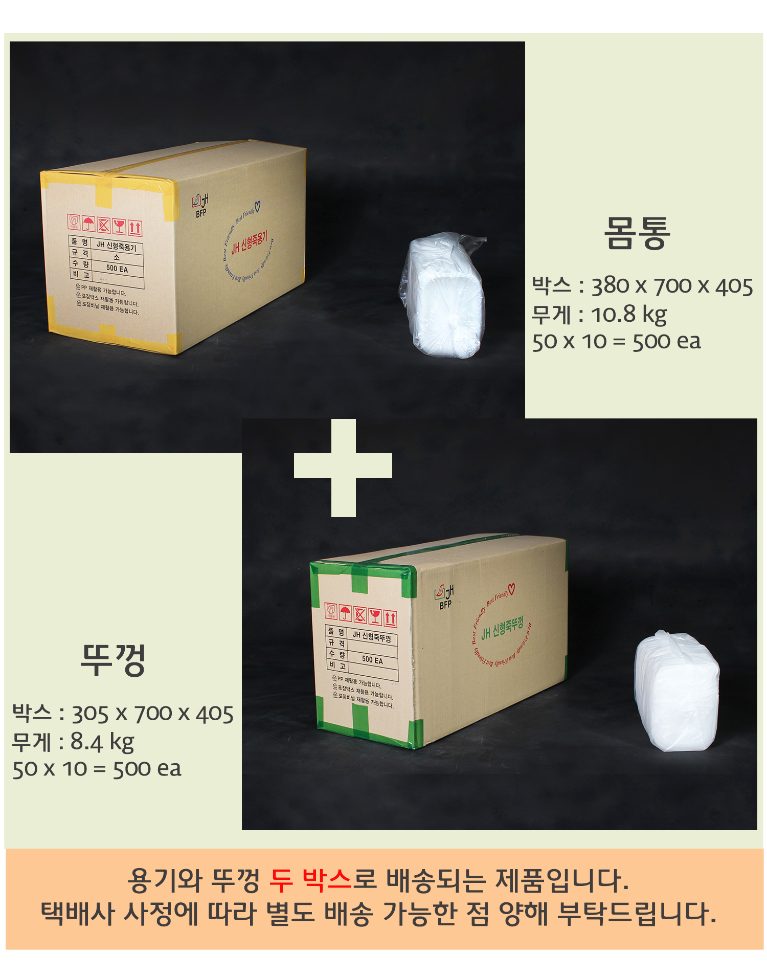 박스 포장 및 배송 정보 - 죽용기와 뚜껑이 각각 두 개의 박스로 배송됨을 안내하는 이미지. 박스 크기와 무게 정보가 기재되어 있으며, 제품이 안전하게 포장됨을 보여줌.