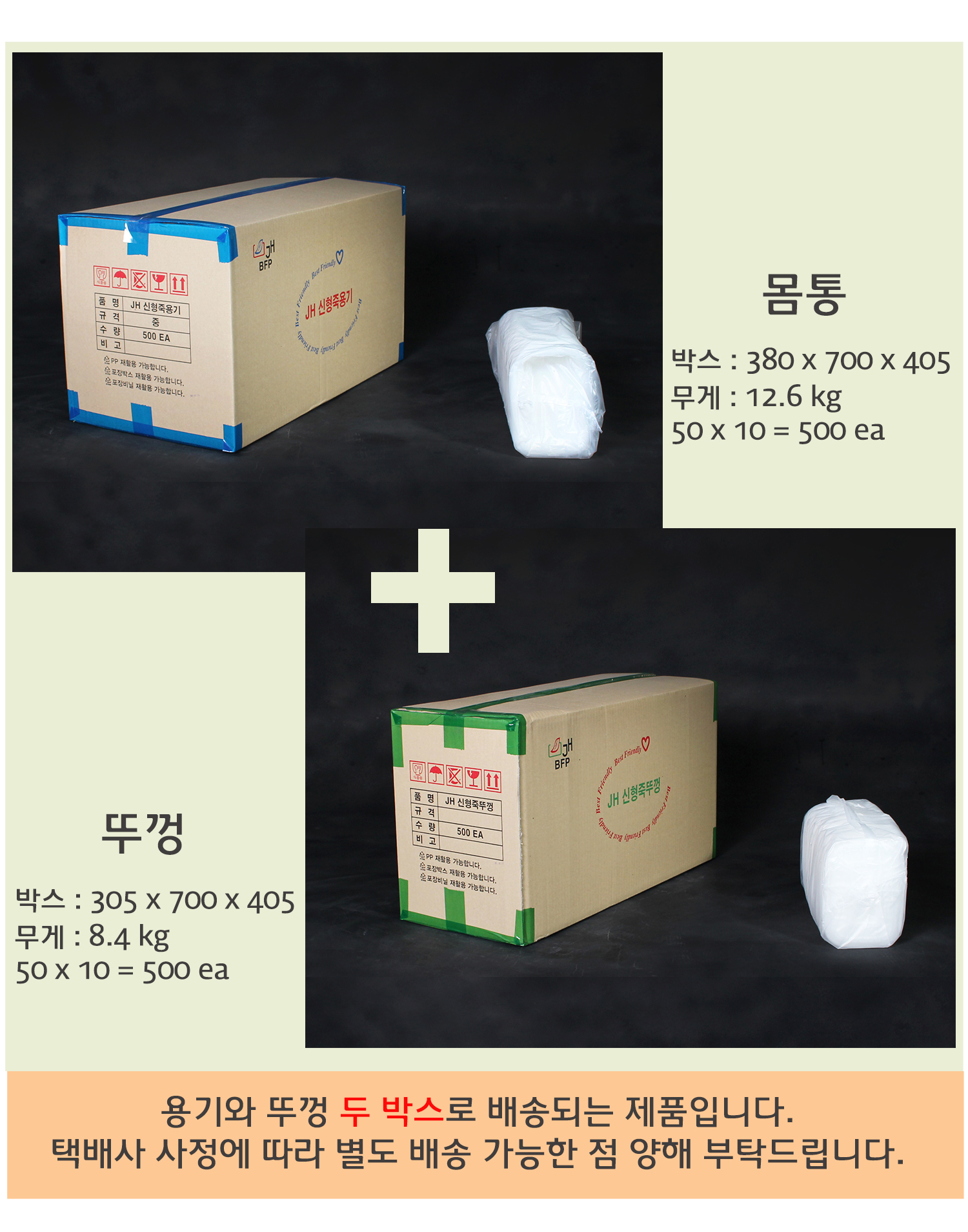 박스 포장 및 배송 정보 - 죽용기와 뚜껑이 각각 두 개의 박스로 배송됨을 안내하는 이미지. 박스 크기와 무게 정보가 기재되어 있으며, 제품이 안전하게 포장됨을 보여줌.