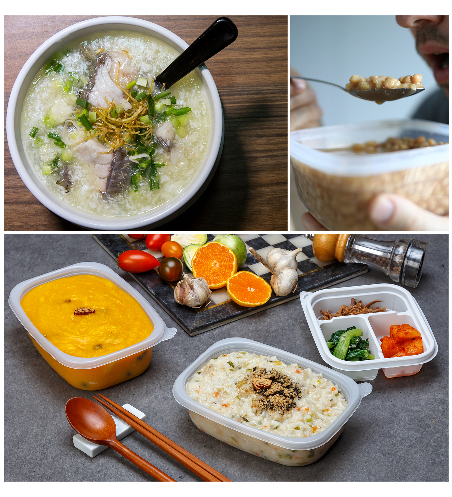음식 보관과 활용 예시 - 사각죽용기에 담긴 호박죽과 야채죽, 그리고 반찬 용기로 활용된 제품. 신선한 재료와 함께 배치되어 실용적인 활용 가능성을 보여줌.