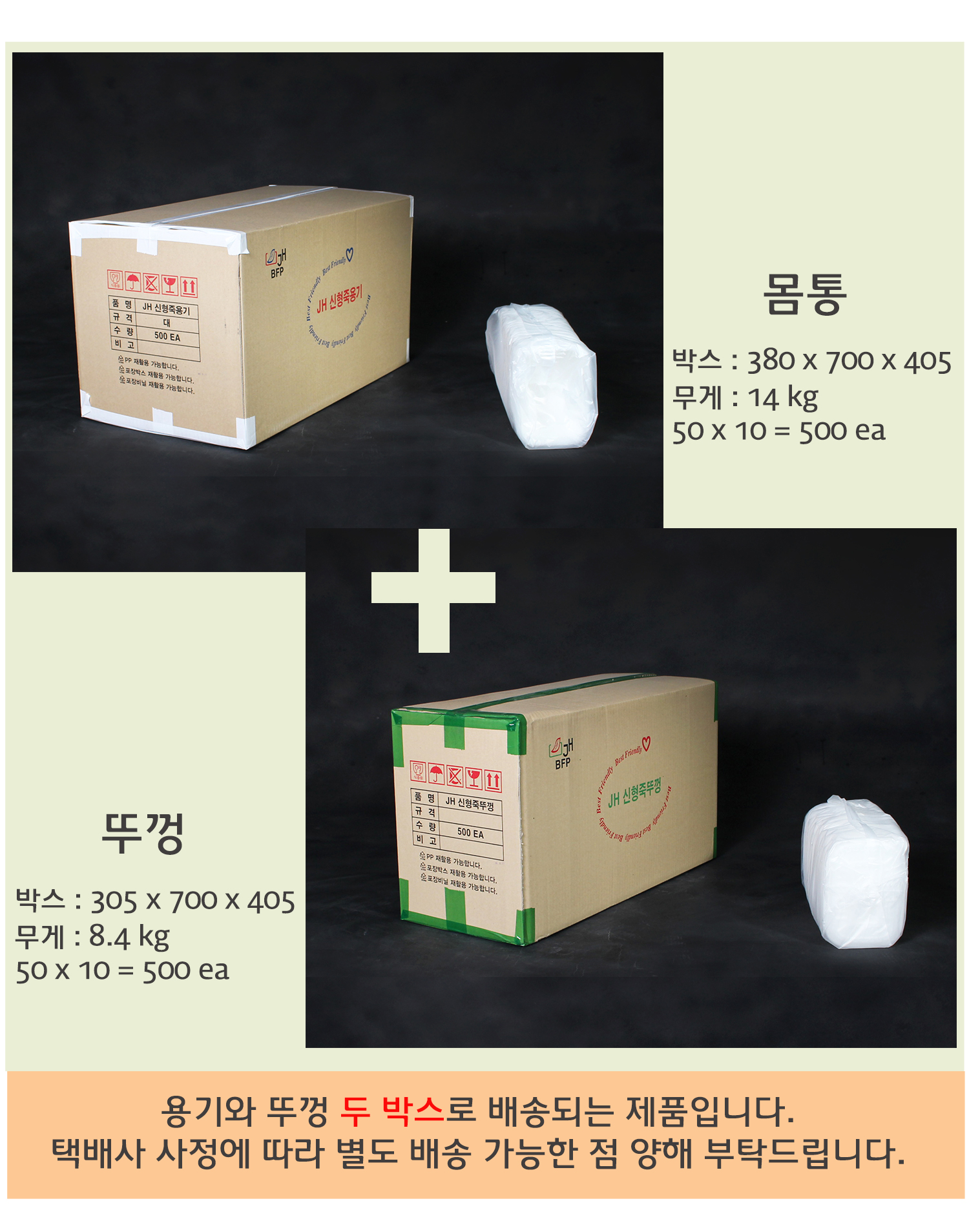 박스 포장 및 배송 정보 - 죽용기와 뚜껑이 각각 두 개의 박스로 배송됨을 안내하는 이미지. 박스 크기와 무게 정보가 기재되어 있으며, 제품이 안전하게 포장됨을 보여줌.