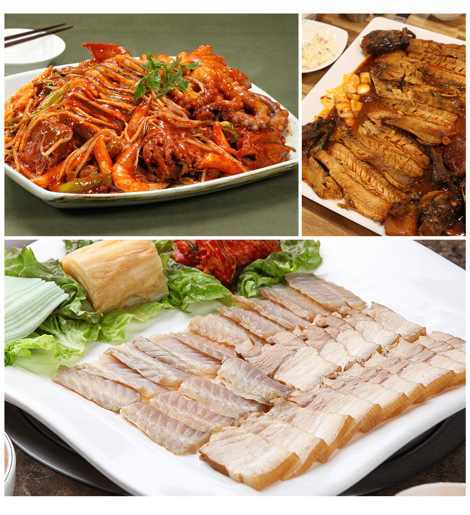 3분할된 이미지에 아귀찜 삼합보쌈 코다리찜 요리가 먹음직스럽게 야채와 담겨있다.