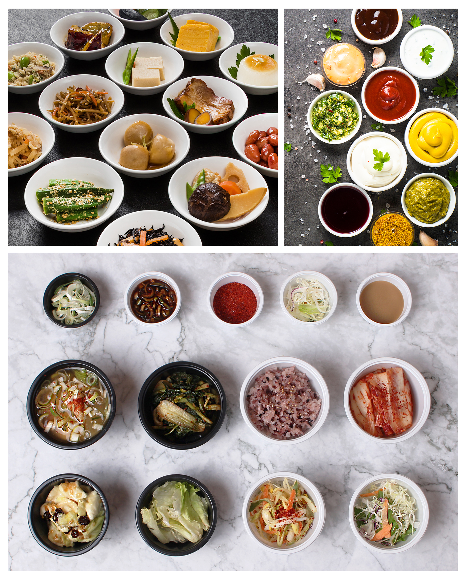 먹은직스런 반찬과 각종 나물류와 김치 밑반찬등이 다양하게 연출된 3분할 이미지