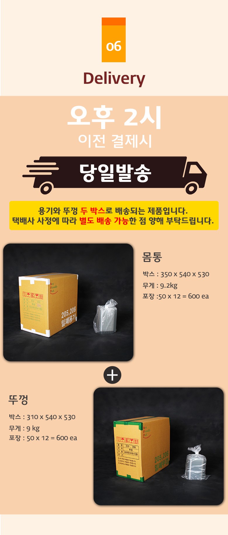 몸통 박스와 내부 포장 상태가 나란히 보여지는 투명 샐러드용기 배송 구성 예시