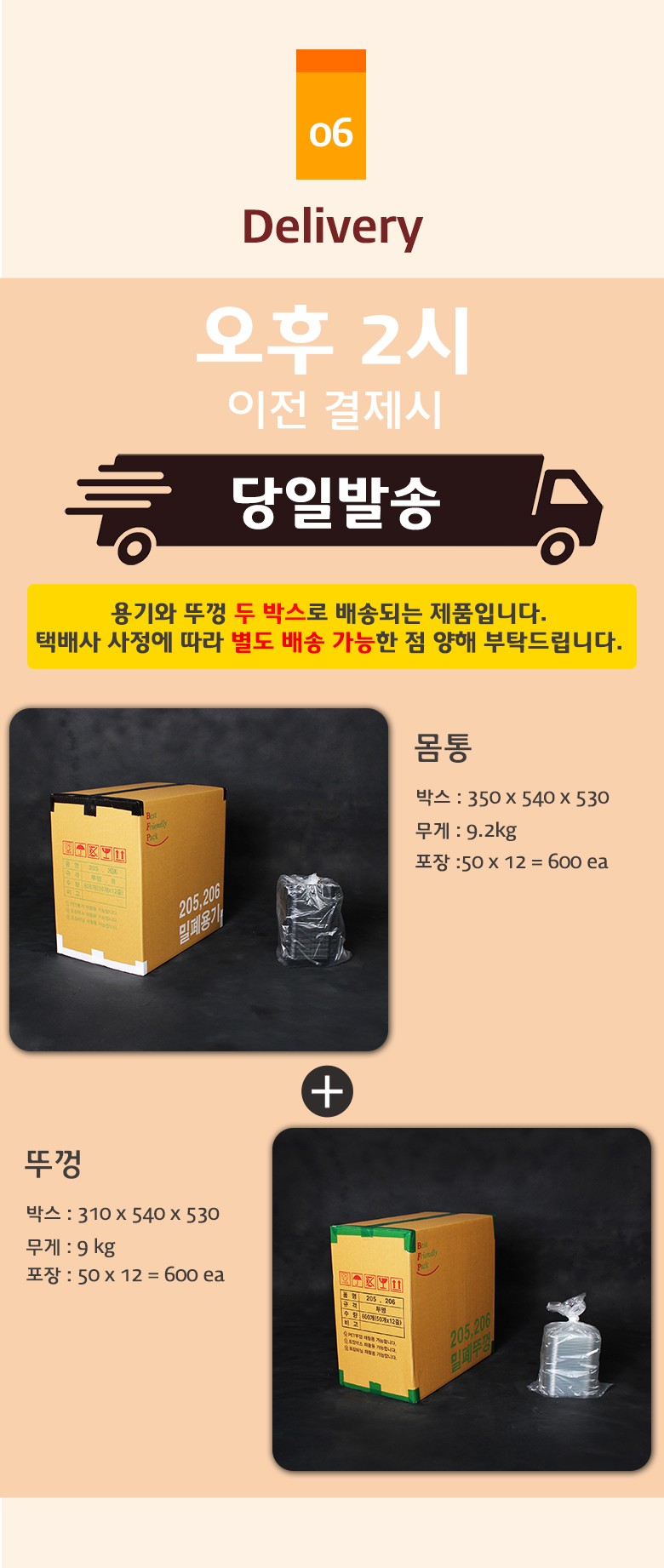 몸통 박스와 내부 포장 상태가 나란히 보여지는 투명 샐러드용기 배송 구성 예시
