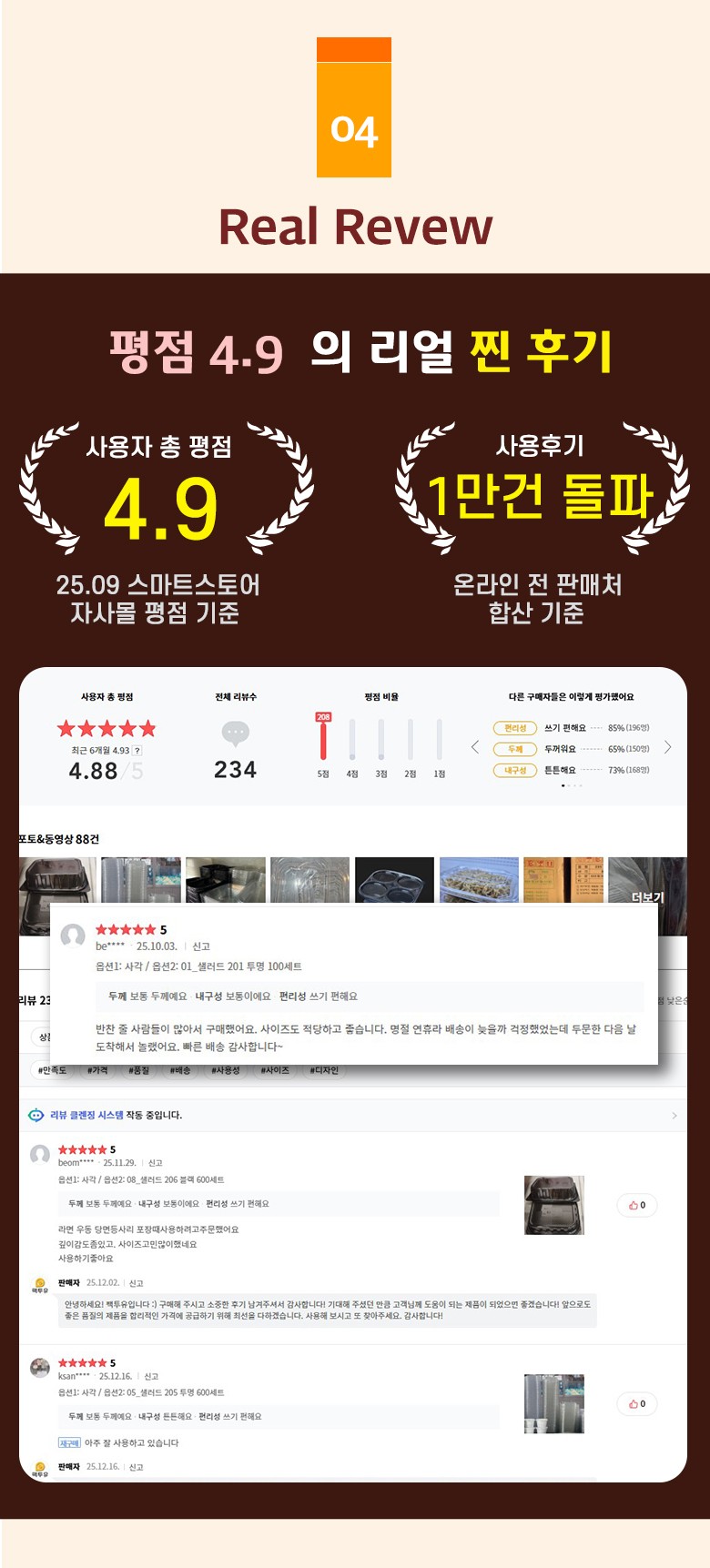 고객 후기와 평균 평점 4.9를 강조한 샐러드 용기 제품에 대한 신뢰도 높은 리뷰 소개