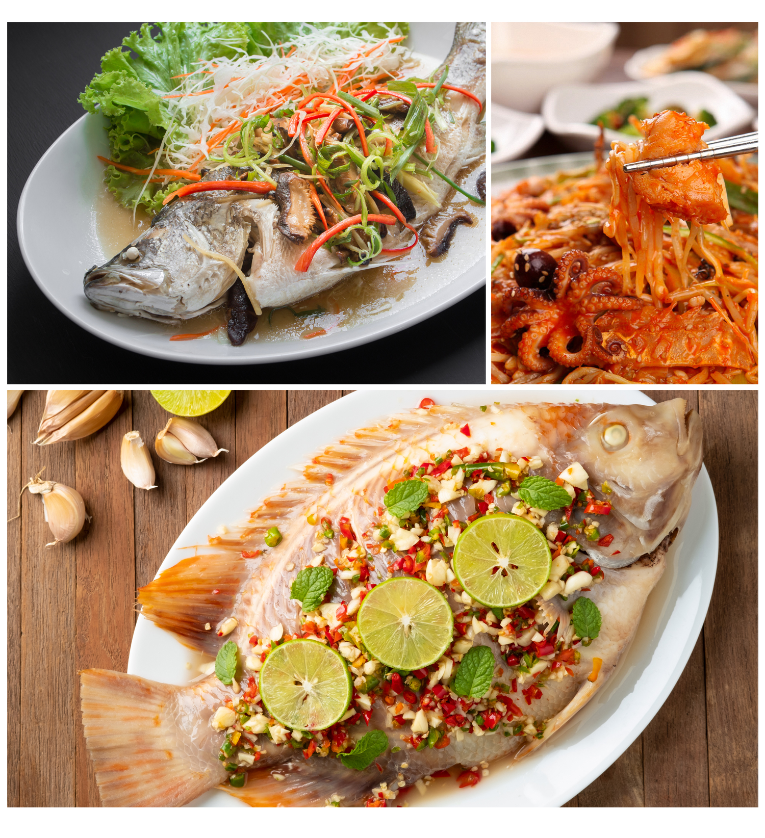 3분할된 이미지에 생선찜 생선요리 쭈구미찜 요리가 먹음직스럽게 야채와 담겨있다.