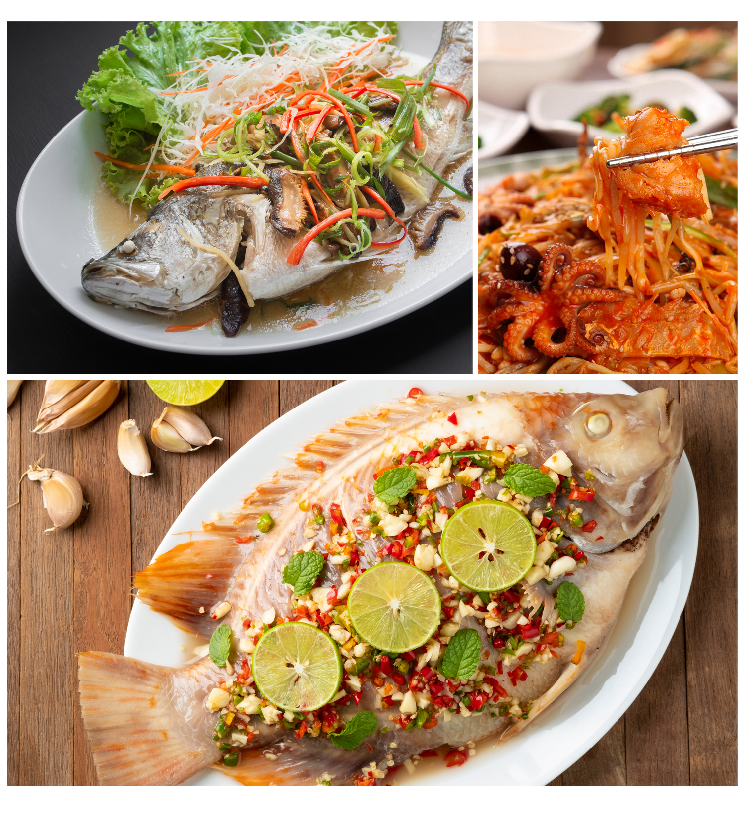 3분할된 이미지에 생선찜 생선요리 쭈구미찜 요리가 먹음직스럽게 야채와 담겨있다.