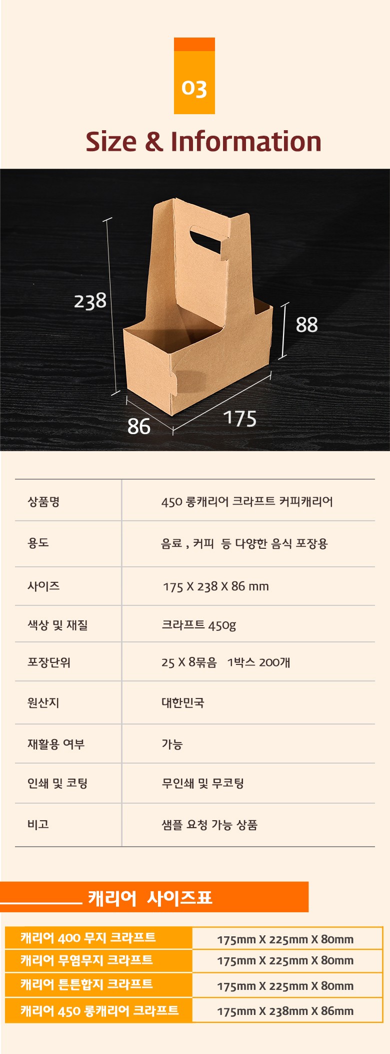 크라프트지로 제작된 롱캐리어의 정확한 규격과 소재, 포장단위 정보가 함께 안내된 제품 정보 페이지