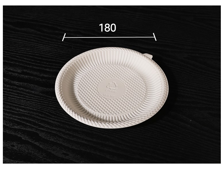 직경 100mm 크기를 표시한 일회용 옥수수 전분 접시가 어두운 배경 위에 배치됨
