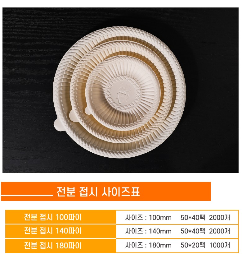 서로 다른 크기의 일회용 옥수수 전분 접시 세 종류가 겹쳐진 형태로 나열된 상태