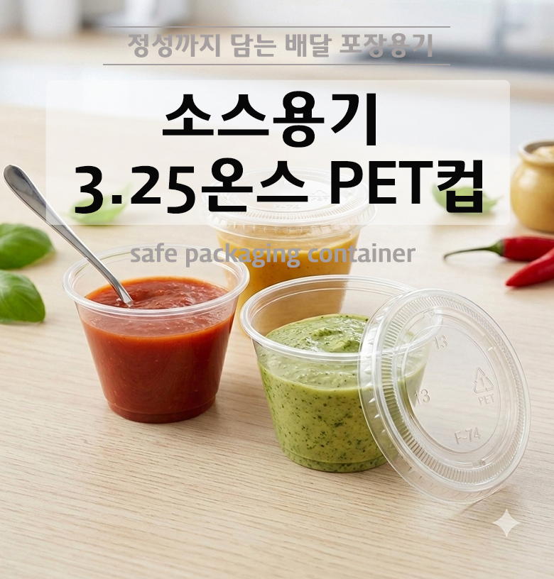 투명하고 단단한 PET 소스 용기에 빨간 양념 소스가 정갈하게 담겨 있는