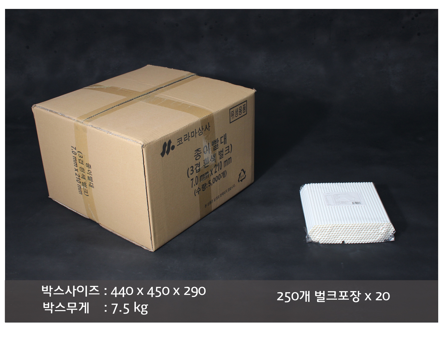 종이빨대의 배송 박스 정보와 박스 내 소포장 단위의 묶음을 보여주는 이미지