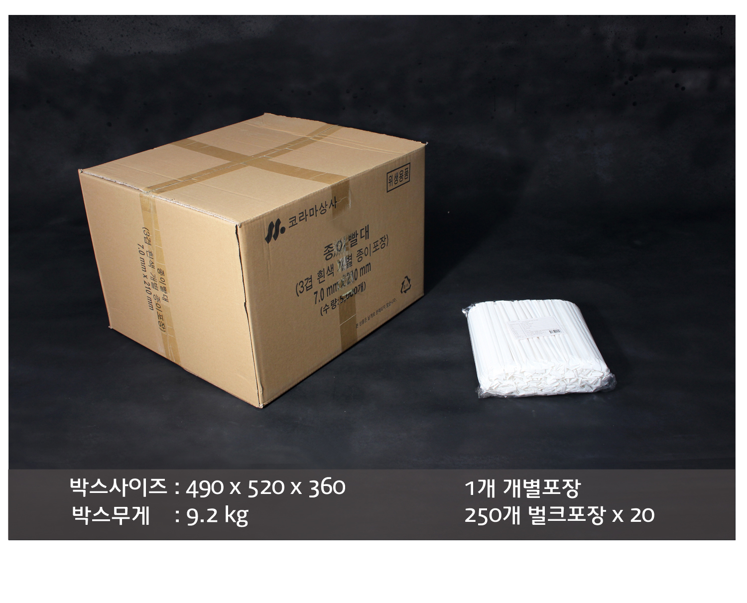 종이빨대의 배송 박스 정보와 박스 내 소포장 단위의 묶음을 보여주는 이미지