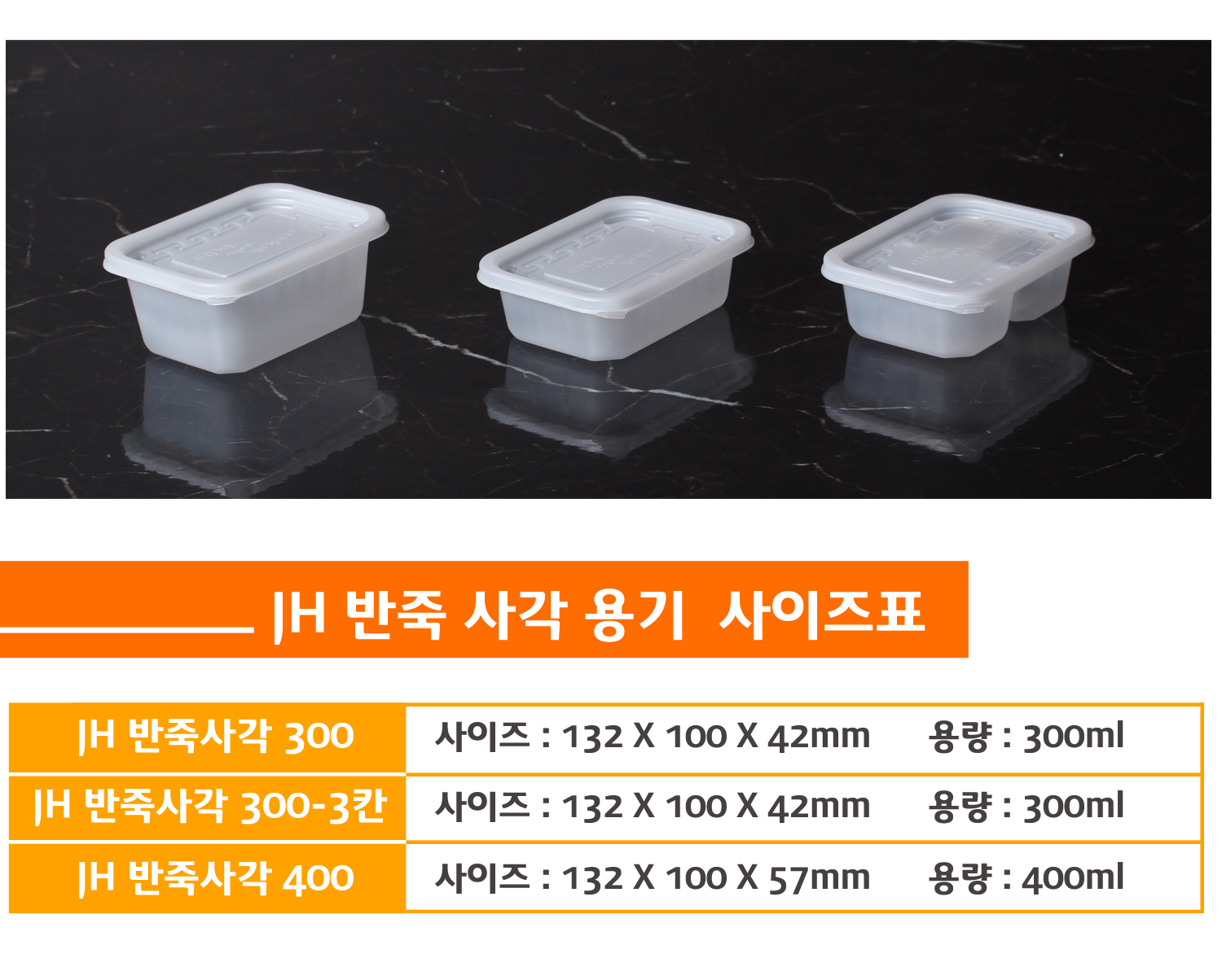 사이즈별로 포장용기가 나란히 놓여있고 상품명 사이즈 용량이 잘 표기된 표가 보인다.